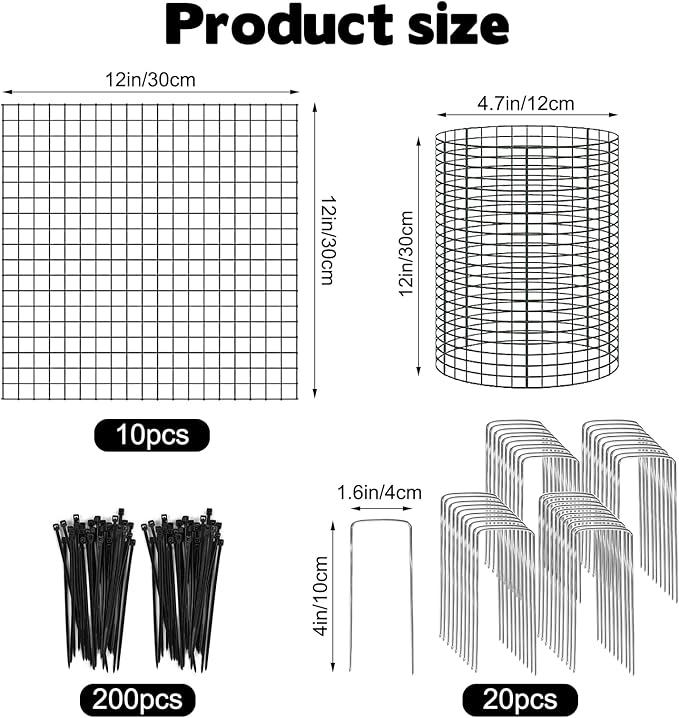 10 Pack 12" H X 4" D Wire Small Plant Protector from Animals, 10 PCS Small Metal Plant Cage Chicken Wire Cloche with Ground Stakes and Nylon Tie to Keep Animals Out, Garden Protection