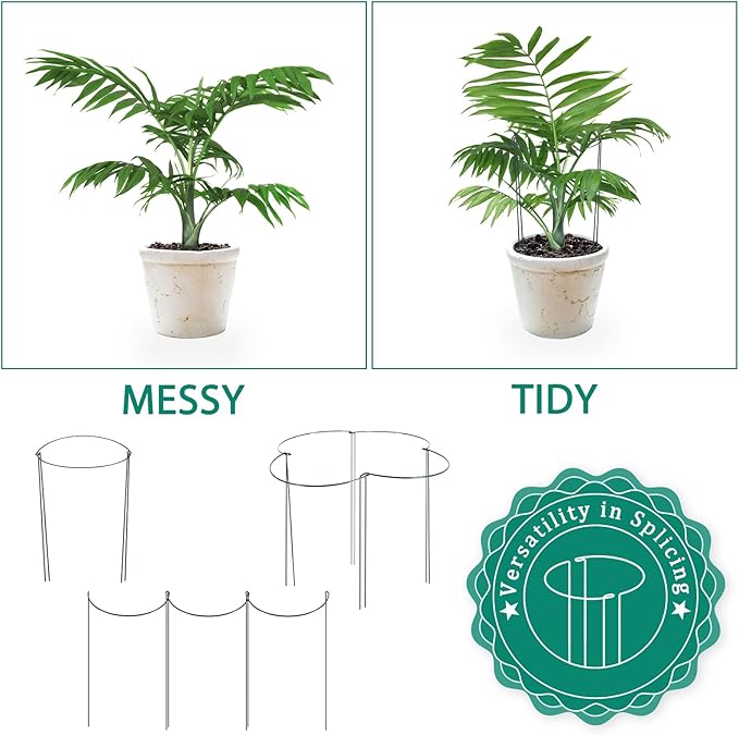 16 PCS Adjustable Plant Support Stand with Clips & Twist Tie - 10x24 Inch Garden Stakes for Indoor Outdoor Plants, Heavy Duty Plant Stakes Peony Support Cage Plant Support Ring