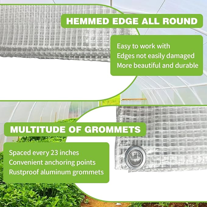 12Ftx24Ft Clear Greenhouse Plastic Covering, 16Mil Thickness Heavy Duty Clear tarp for Chicken coop, Greenhouse Plastic sheeting with Hemmed Edges & preinstalled Grommets.