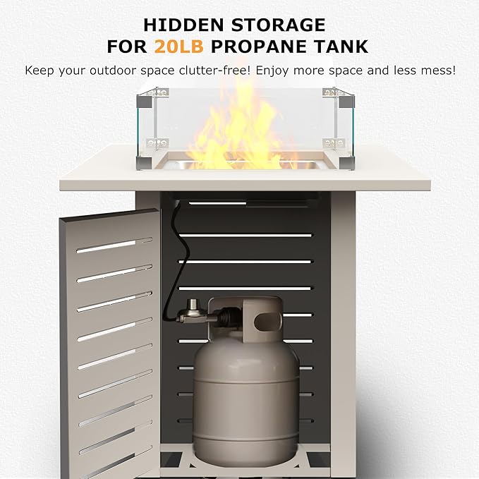 MBY 28'' Propane Fire Pit Table, 50,000 BTU Steel Gas Firepit for Outdoor Patio Deck and Garden, CSA Certified Fire Pit with Lid, Waterproof Cover, Glass Wind Guard and Lava Rock, Beige