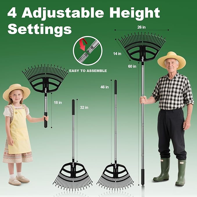 Adjustable Leaf Rake 30-65 Inch – 30 Tines Garden Rakes with Non-Slip Handle&Quick-Detach Head Lightweight Yard Rake for Wet Leaves, Pine Needles, Gravel