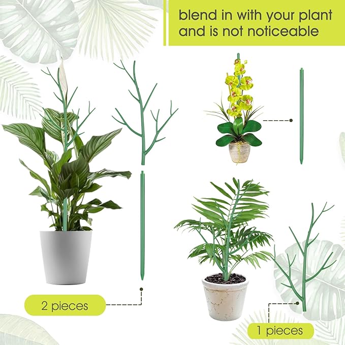 6 Pack Plant Support Stakes for Indoor Plants, 27.56 Inch Twig Plant Sticks with Orchid Clips Twist Ties and Plant Ties for House Potted Plants and Flower, Plastic Branches Support Structures, Green