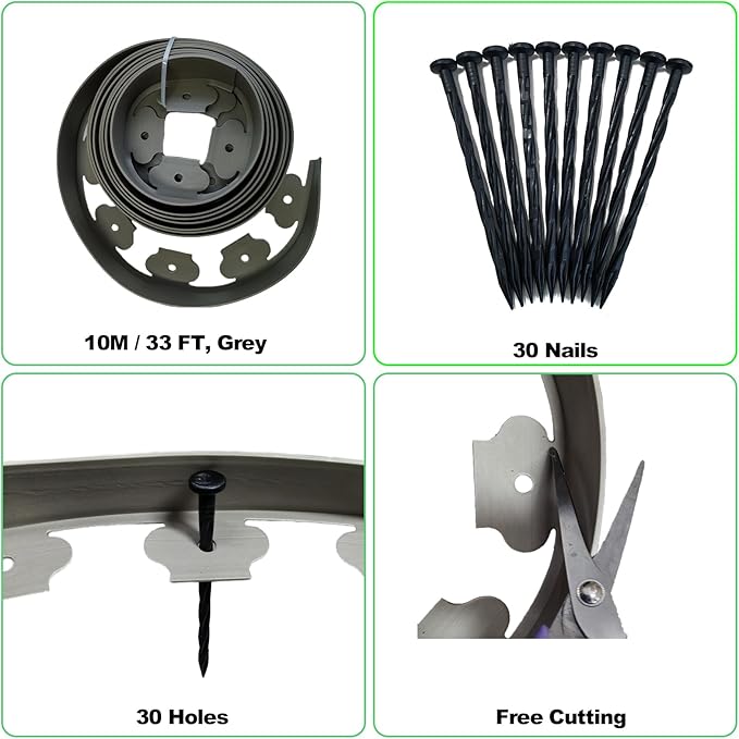 Garden Edging Border,33ft Landscape Edging Garden Borders Edging【2INCH Hight】 Paver Edging Include 30 Stakes, Flexible Lawn Edging Border for Yard, Lawn, Gardens (Grey)