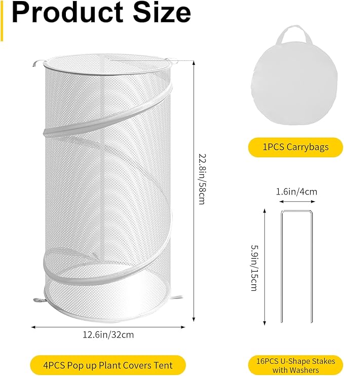 4 Pcs Pop-Up Insect Barrier Plant Cover Net - 19.6" x 11.8" Round Foldable Mesh Plants Enclosures, Garden Plant Protectors with Stakes & Carry Bag