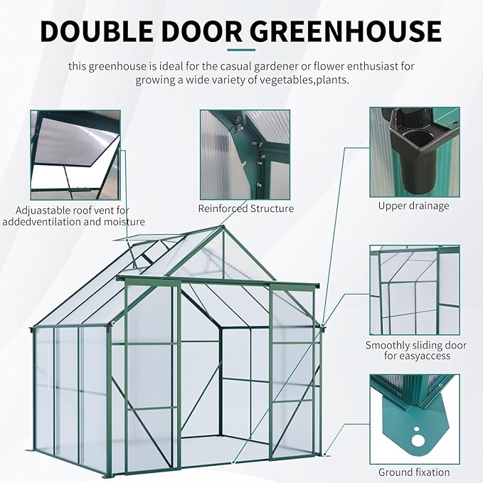 KEIKI 8x6 FT Double Door Polycarbonate Greenhouse with Aluminum Frame,Raised Base and Roof Vent,Walk-in Greenhouses for Patio Garden Backyard
