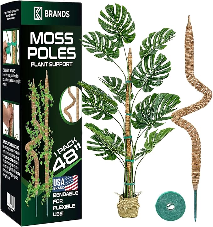 K-Brands 48'' Bendable Moss Pole Monstera Plant Support - Coconut Palm Fiber - Brown - Rectangular - Climbing Plant Support Structure