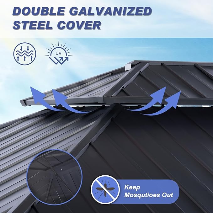 CHARMELEON Cedar Wood Gazebo 10x12 ft – Gazebo Wooden with Double Metal Roof – Hardtop Gazebo Kits with Mosquito Netting & Curtains – Wood Frame Gazebos Pavilion for Outdoor, Patio, Backyard and Deck