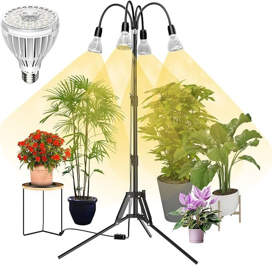 SANSI Grow Lights for Indoor Plants, 128W Full Spectrum Plant Lights for Indoor Growing, 35-64 inches Detachable Tripod Standing Grow Light with High PPFD No Dimmable 4 Pack of Par25 32W Bulb