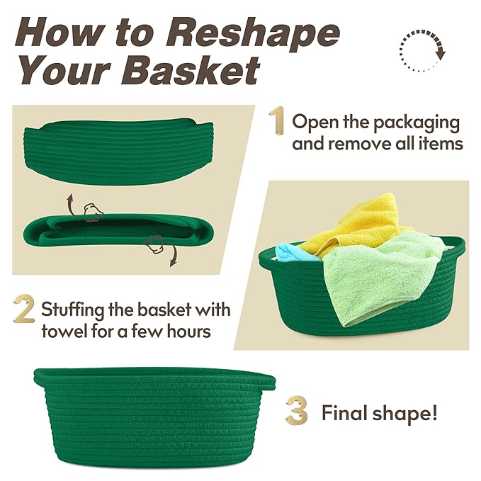 Pro Goleem Small Woven Basket with Gift Bags and Ribbons Durable Baskets for Gifts Empty Small Rope Basket for Storage 12"X 8" X 5" Baby Toy Baskets with Handles, Green