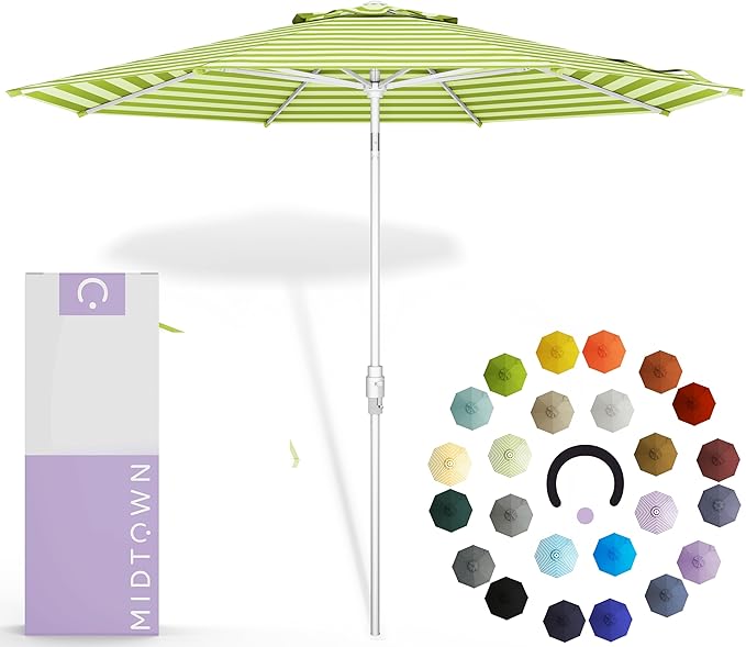 Midtown Umbrellas The Swilt 10 Feet Patio Umbrella in Terylast Pear Stripes (Green/White) Polyester Fabric - Fiberglass Ribs, Auto-Tilt Aluminum Frame For Backyard, Deck, Garden, Pool - White Pole