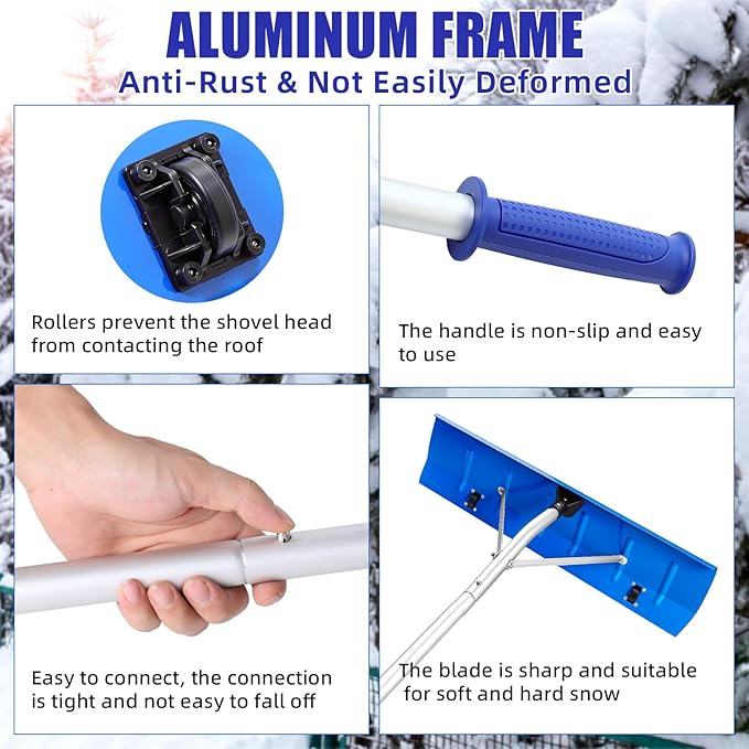 Gisafai Snow Roof Rake Snow Removal Tool with 5 Section Tubes 25 Inch Blade Adjustable 4.8-20 ft Reach Aluminum Shovel Rugged Slide for Single Cabins Car Roof(Blue)