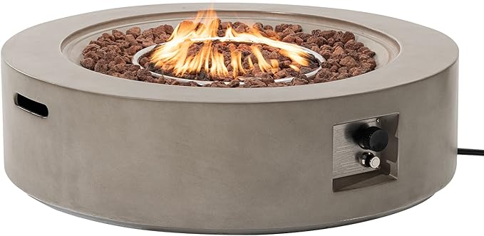 SUNBURY Outdoor 42" Propane Fire Pit Table, CSA Certified,50000 BTU Gray Patio Fire Table, Concrete Round Gas Fire Table w Lava Rocks (Tank Outside)