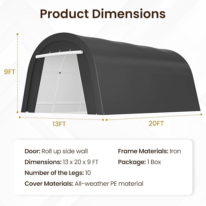 Heavy Duty Carport 13 X20FT, Portable Garage with 2 Roll Up Doors Vents and Metal Round Roof, Outdoor Storage shed Car Port Canopy Tent for Garden Tools, Vehicle Truck Boat, Party
