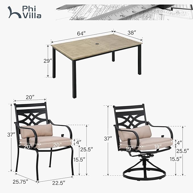 PHI VILLA 7 Pcs Patio Dining Set,Outdoor Table Chair Set for 6 with Outdoor Chairs and Metal Frame Steel Rectangular Table,Outdoor Dining Furniture with Cushion and Pillow for Garden Lawn Deck