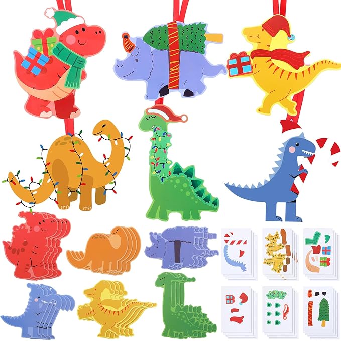 Yexiya 24 Sets Christmas Craft Kits Dinosaur Ornament Craft DIY Dino Hanging Ornaments with Sticker and Ribbon Christmas Tree Santa Hats Candy Canes Hanging Decor for Xmas Party Decoration
