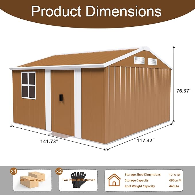 Outdoor Tool Shed 12x10 FT Heavy-Duty Metal Storage Shed with Lockable Door, Windows & Ventilation - Weather-Resistant Roof Garden Shed for Backyard, Patio, Lawn (Brown)