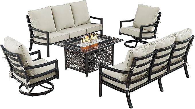 Oakland Living Black Aluminum Patio Fire Table Set with Two Deep Seating Sofa with Cushions and Two Club Chairs with Light Grey Cushions