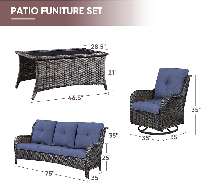 4 Piece All-Weather PE Wicker Outdoor Furniture Set with Swivel Rocker Chairs, Outdoor Sofa & Coffee Table