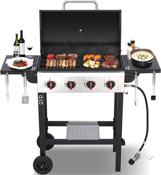 4-Burner Propane Gas Grill with Cast Iron Grates, 302 Sq. In. BBQ Grilling Space, Foldable Side Shelves for Portable Outdoor Patio Camping, Black