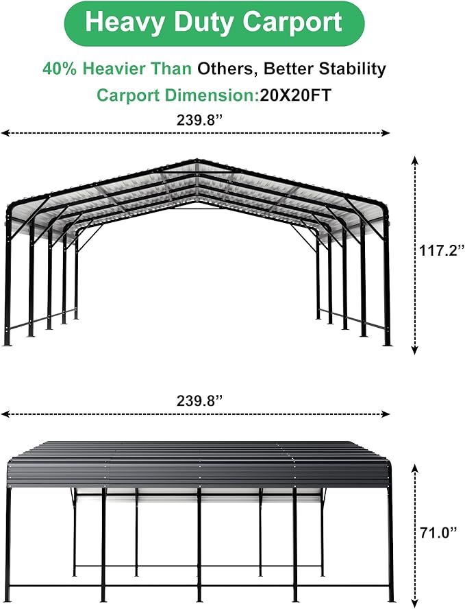 20x20 FT Metal Carport with Heavy Duty Carport Canopy, Car Port with Reinforced Base and Five Canopy Beams, Car Garage Shelter for Car, Boats and Truck