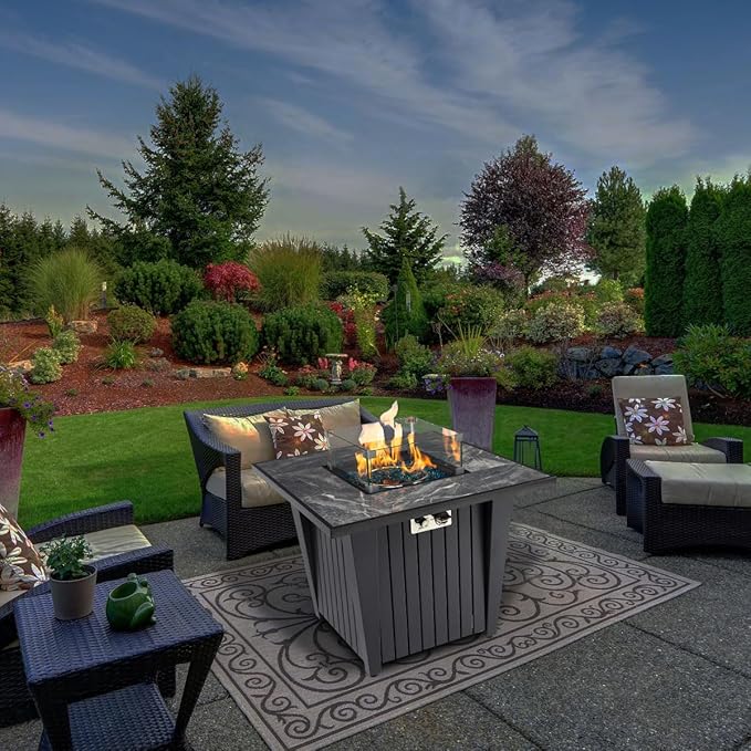 32'' Propane Fire Pit Table, Marble Tile Ceramic Tabletop with Glass Wind Guard, 50,000 BTU Fire Table with Inclined Leg and Art Powder Design, Blue Glass Rocks, Including Lid&Cover, Grey