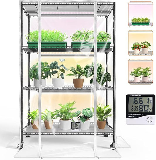 Indoor Greenhouse with Grow Light, Plant Stand with 3 Pack Full Spectrum Plant Lights, 3 Color Modes, Plant Shelf with Tent for Indoor Plant, Seed Starting, Seed Tray, 35.4"x13.8"x59"
