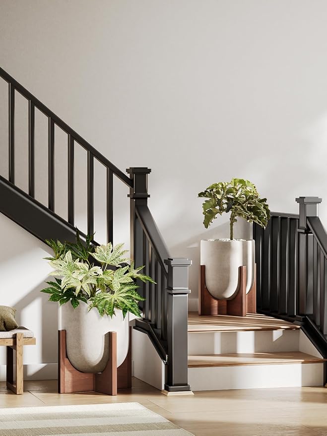 LE TAUCI 12 Inch Plant Pot with Acacia Wood Stand, Ceramic Large Planters for Indoor Plants, Indoor Pots for Plants Office Living Room, Cylinder Planter with Drainage Hole and Plug, Neutral Gray