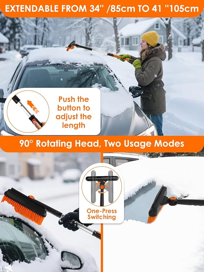 90° Fixed Rotation 3-in-1 Car Snow Brush and Ice Scraper for Cars Windshield with Silicone Squeegee Ergonomic Aluminum Foam Grip Handle 43.3" Extendable for Car Truck SUV Home Winter Snow Removal