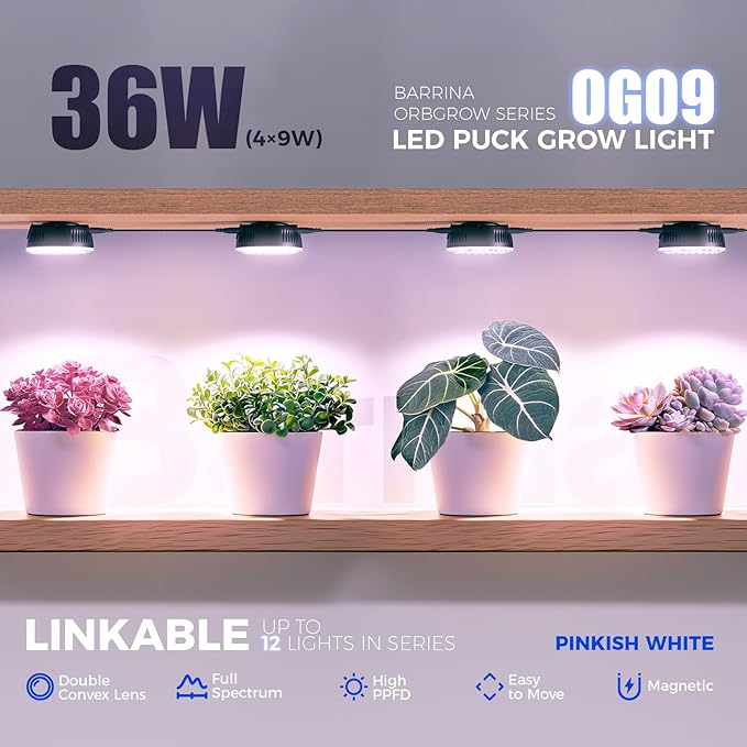 Barrina Orbgrow OG09 Puck Grow Light with Timer, Pinkish White 36W(4 x 9W, 540 Watt Equiv), Full Spectrum Plant Light for Indoor Plants, Magnetic & Linkable, 5 Levels Dimmable, 4 Packs, Black