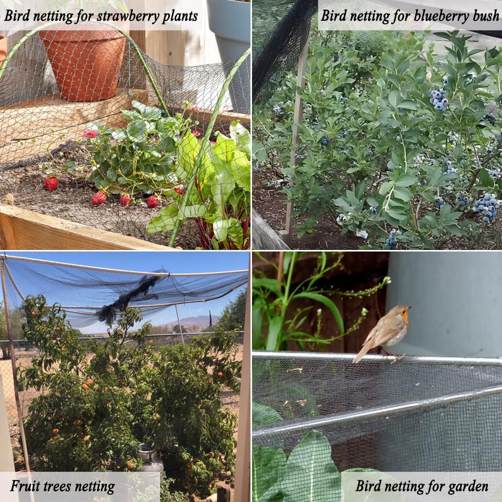 Junflying Bird Netting, 10x10 FT – 1/2" Mesh, Woven Black Netting for Garden Protection with Ties, Protects Vegetables, Fruit Trees, Blueberry Bushes & Strawberry Plants