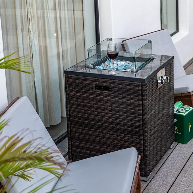 40,000 BTU Outdoor Propane Fire Pit Table with Auto-Ignition - Tempered Glass Wind Guard, Marble Tile Surface, Mixed-Color Fire Glass Rocks & Weather-Resistant Brown PE Rattan