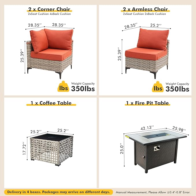 Outdoor Sectional Patio Furniture Set with Fire Pit Table and Glowing Table,6 Pieces Wicker Conversation Sets L Shaped Couch Out Door Sofa Set Outside Furniture for Garden Deck Yard,Red