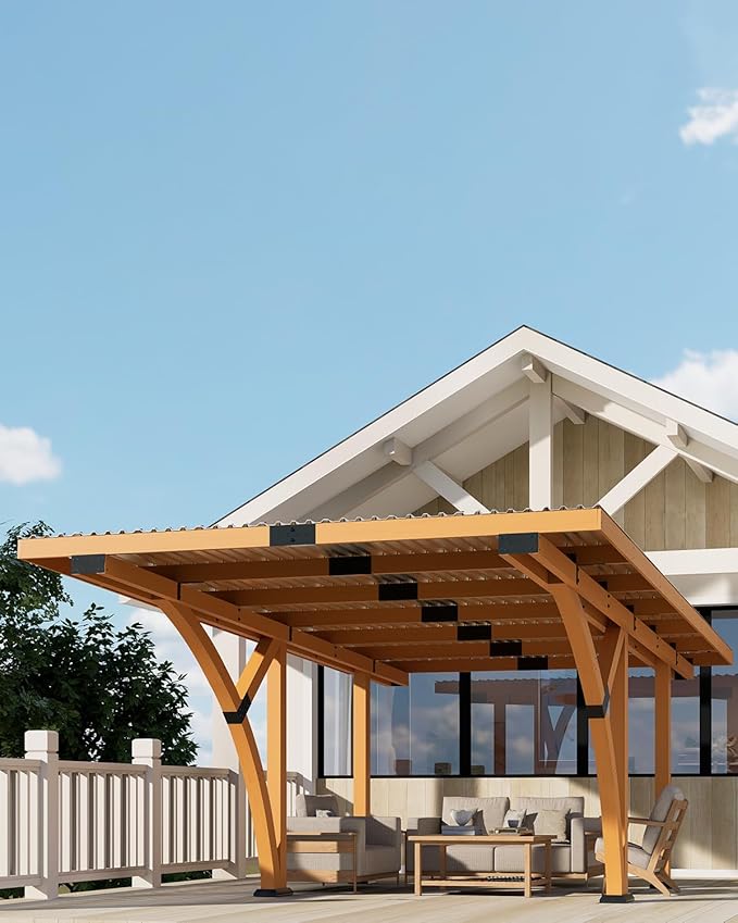 18.3 x 12.6 x 7.7 FT Curved Carport, Wood Outdoor Gazebo Pavilion with Hardtop Sloped Steel Roof, Heavy Duty Waterproof Car Port for Backyard, Patio, Deck and Lawn