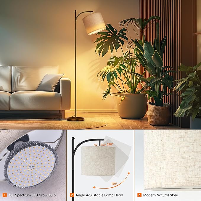 Floor Grow Lights for Indoor Plants Full Spectrum, 3000K Tall Plant Light, 25W Led Grow Light with Stand Floor Lamp with Auto On/Off Timer Function, Angle Adjustable