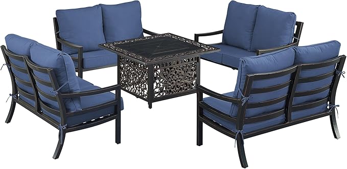 Oakland Living Black Aluminum Patio Fire Table Set with Four Deep Seating Loveseat with Cushions with Blue Cushions