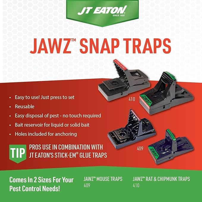 JT Eaton 409 Jawz Indoor Plastic Mouse Trap for Solid or Liquid Bait, Instant Kill Mouse Traps, No-Touch Disposal with Trap Set Indicator 6-Pack