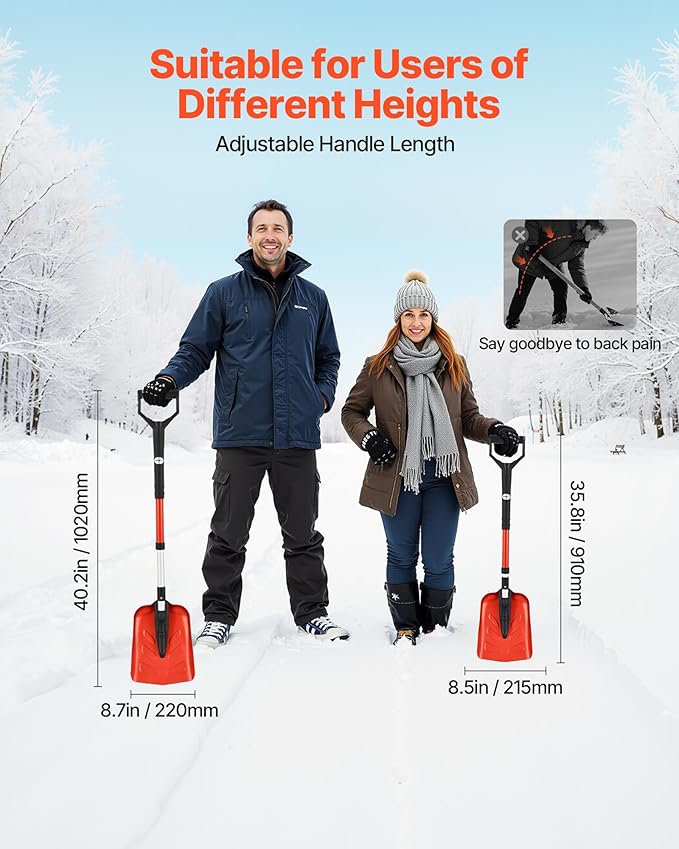 VEVOR Snow Shovel for Driveway, 9 in Foldable Snow Shovel with D-Shaped Handle, 36-40 in Adjustable, Lightweight Aluminum Alloy Snows Removal Tool, Reduce Back Strains for Garden Car Camping