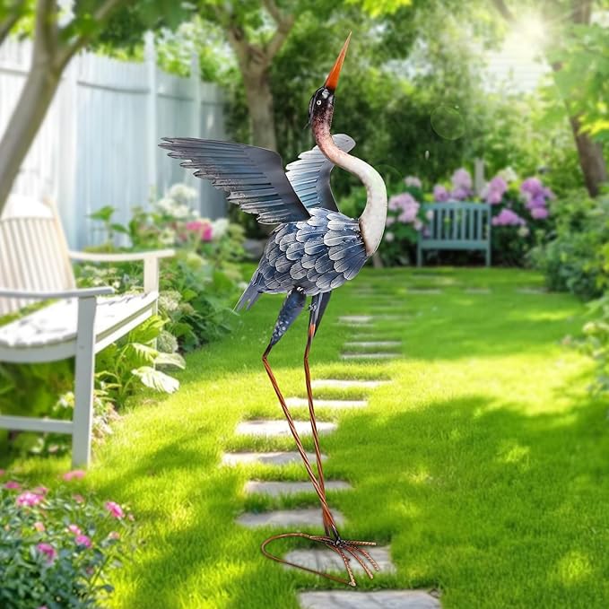 MUMTOP Crane Garden Statues for Outside, Blue Heron Garden Sculpture Statue, 37 Inch Large Bird Yard Art for Backyard Pond Patio Porch Decoration