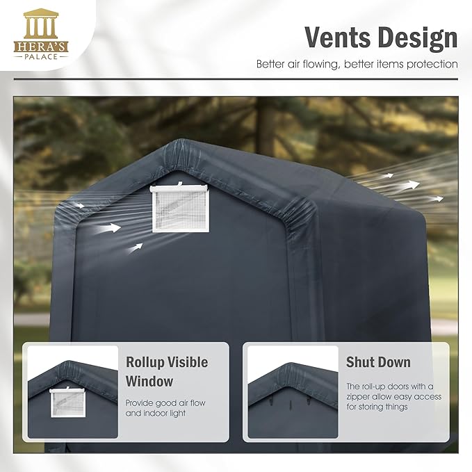 HERA'S PALACE 6x10ft Heavy Duty Storage Shed Outdoor Portable Car Canopy Carport Garage with 2 Rolled up Zipper Doors UV Resistant Waterproof Anti-Snow for Motorcycle Truck