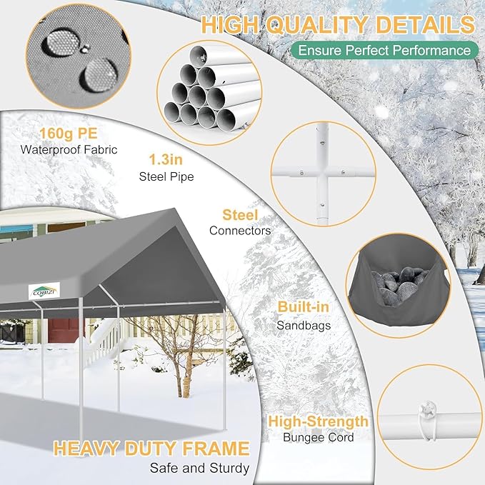 COBIZI Carport 12x20ft Heavy Duty Portable Garage, 2.0 Powder Coated Frame(Better Than Galvanized), Waterproof Shelter with Built-in Sandbags, for Car/Boat/SUV, Gray