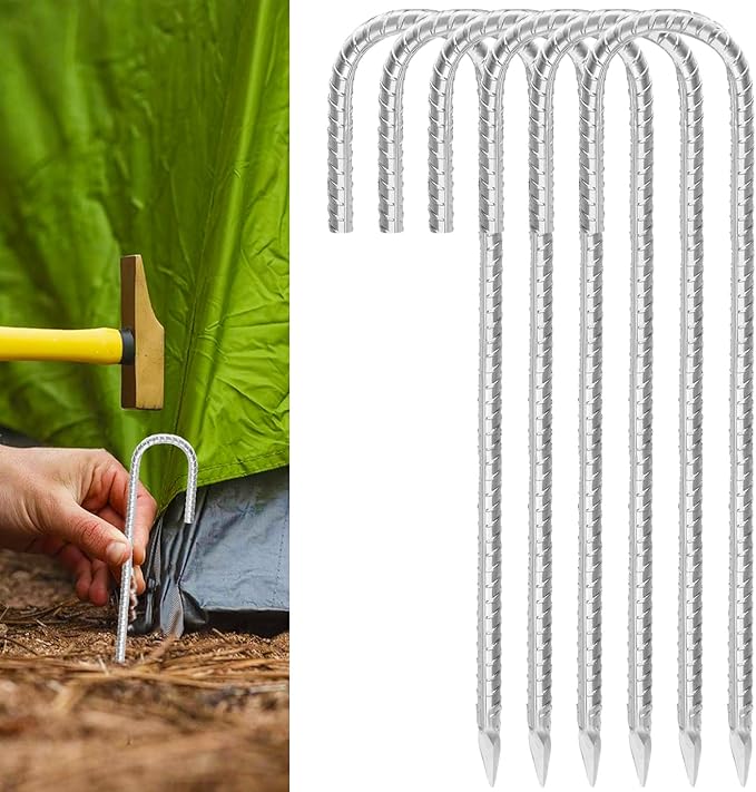 Rebar Stakes 16inx10mm Galvanized J Hook 6pcs – Heavy Duty Ground Tent Stakes for Fence,Bounce House,Outdoor Plants,Artificial Turf,Dog Coop,Metal Stakes for Christmas Decorations