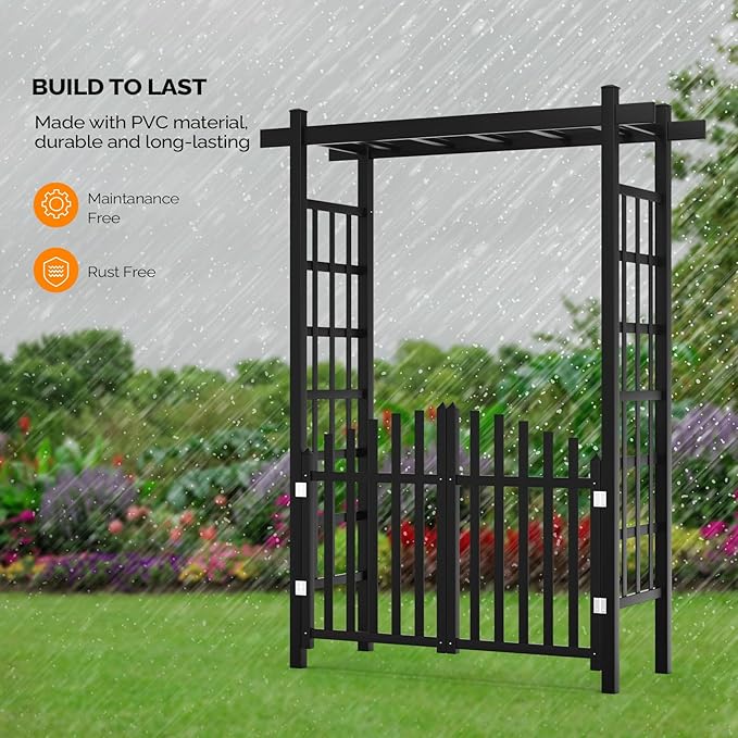 VINGLI Garden Arbor with Gate, PVC Wedding Arch for Ceremony Party, Garden Trellis for Climbing Plants Outdoor, Arch Backdrop Stand for Garden, Backyard, Lawn, Wedding (Black)