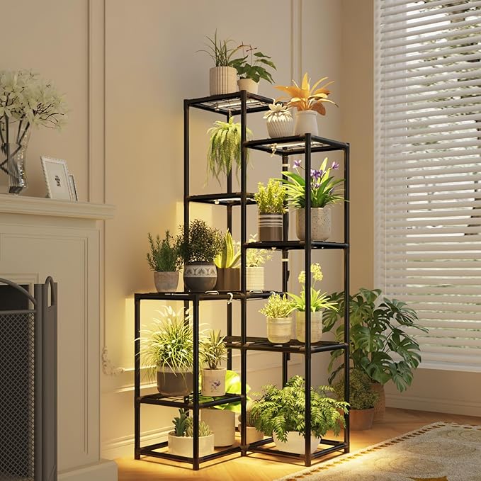 Corner Plant Stand With Grow Lights Plant Stand Indoor Plant Shelf Metal Plant Rack Plant Holder Flower Pot Stand for Multiple Plants for Living Room Patio Balcony Garden Porch Black
