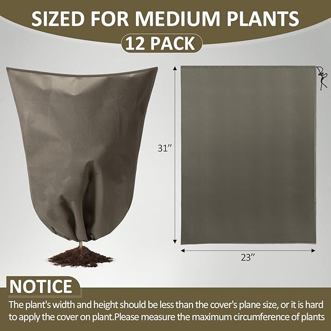12 Packs Winter Plant Covers Freeze Protection Drawstring Tree Cover 23.62 x 31.5 in Large Reusable Frost Protection for Plants Fruit Tree Shrub, Outdoor Prevention Bag (Brown)