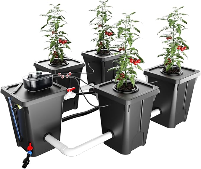 RDWC Hydroponics Grow System 4 Site + Reservoir, 7-Gallon Top Drip Recirculating Deep Water Culture Hydroponic Bucket System, Hydroponics Growing System Kit with Water Pump, Air Pump
