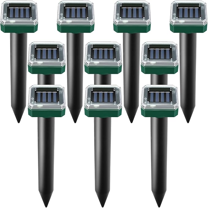 Mole Repellent Solar Powered, 10 Pack Solar Mole Repellent Ultrasonic for Vole, Snakes, Gopher, Waterproof Sonic Mole Deterrent Spikes,Snake Gopher Vole Repellent for Garden and Yard
