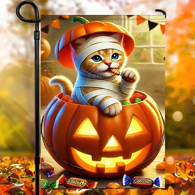 Cat Halloween Garden Flags 12x18 Double Sided Trick or Treat Holiday Garden Flags Jack O Lantern Pumpkin Flag Cute Kitten Fall Holiday Yard Flag Winter Lawn Flags Farmhouse Outdoor Banner
