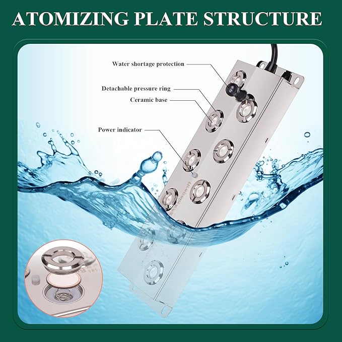 Ultrasonic Mist Maker Fogger 10Head Ultrasonic Fogger Humidifier for Halloween Atmosphere, Landscape, Plant Mushroom Vegetable Humidification, Pond Mister with Float, 400W Power Supply