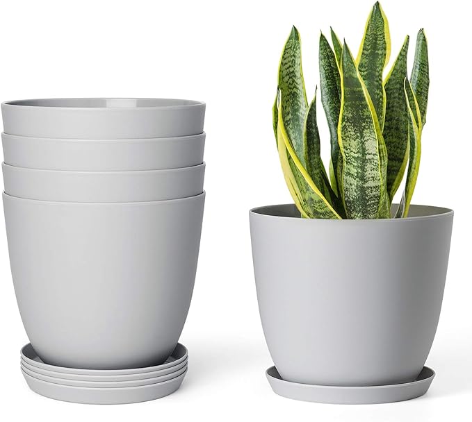 Mkono 6.5" Plastic Plant Pots for Plants with Saucers, Indoor Set of 5 Plastic Planters Modern Flower Pot with Drainage Hole for All House Plants, Herbs, Flowers, and Seeding Nursery, Gray