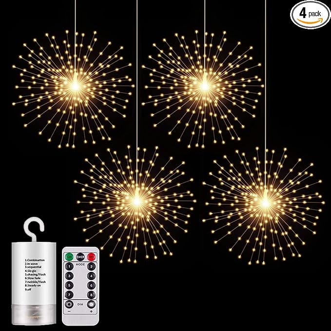 4 Pack Starburst Sphere Lights,200 LED Firework Lights, 8 Modes Dimmable Remote Control Waterproof Hanging Fairy Light, Copper Wire Light for Patio Parties Christmas (Battery Operated)
